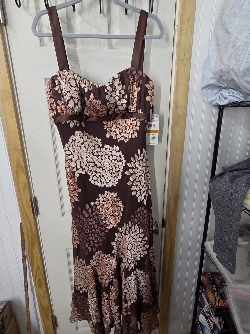SL Fashions brown floral velvet dress sleeveless bodice handkerchief hem #0280